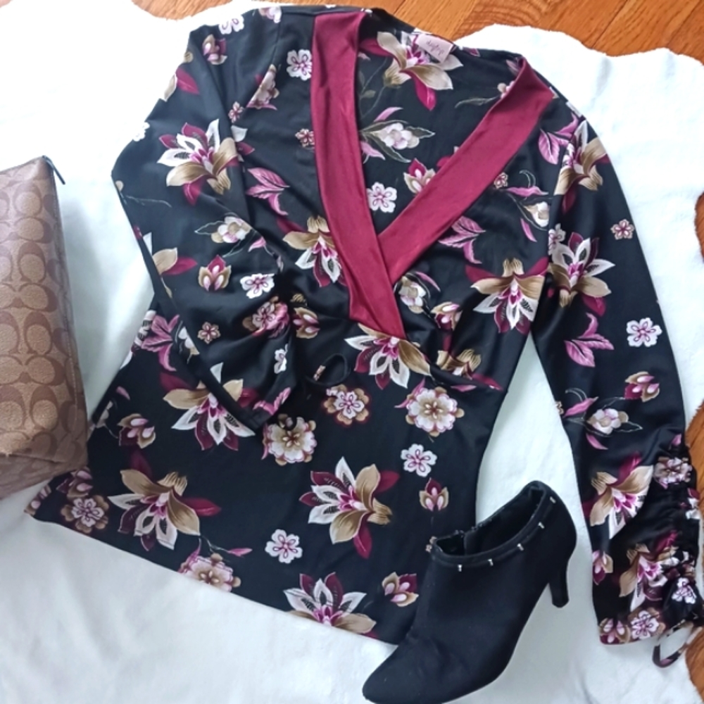 Daytrip • Women's Satin-Feel Surplice Drawstring Sleeve Floral Blouse Top